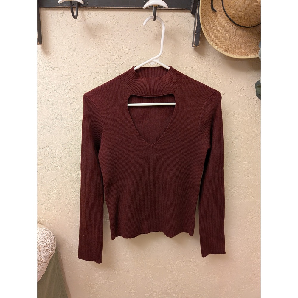 Kendall & Kylie Burgundy Ribbed Mock Neck Cutout Long Sleeve Top Women Size L